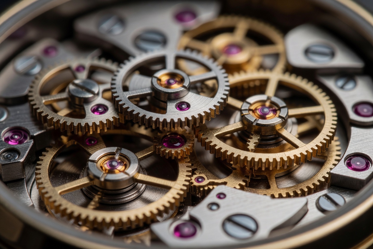 Close-up photograph of gear train wheels and ruby jewels within an automatic caliber