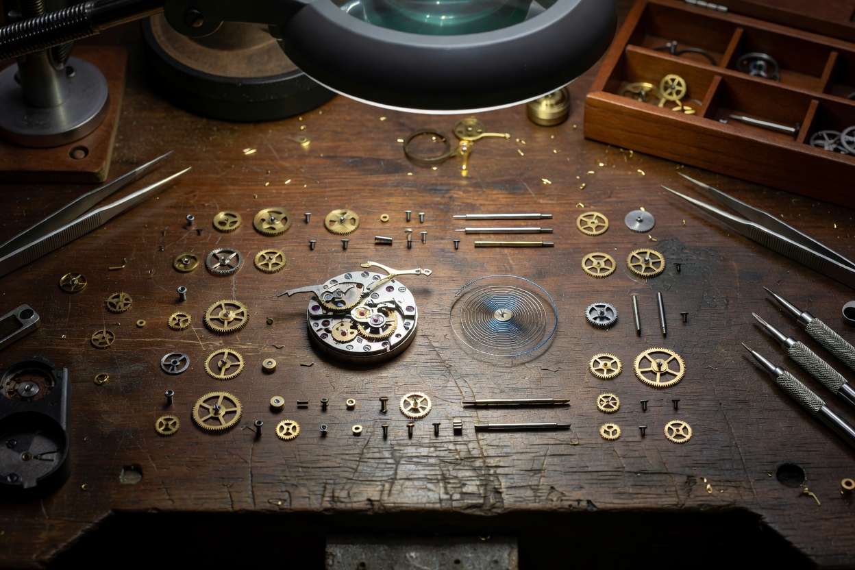 Detailed view of a disassembled mechanical watch escapement and balance wheel on a horologist bench
