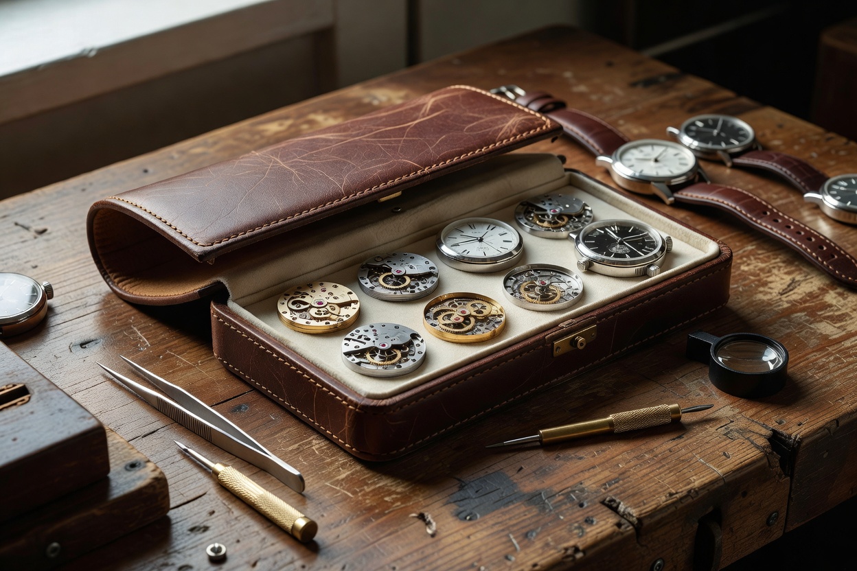 Fine leather watch case with mechanical timepieces laid on a wooden work surface