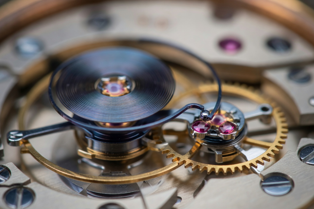 High magnification macro photo of balance wheel hairspring terminal curve and ruby pallet jewels
