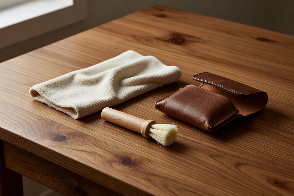 Horological cleaning brush, soft microfiber cloth, and leather watch pouch resting on oak desk