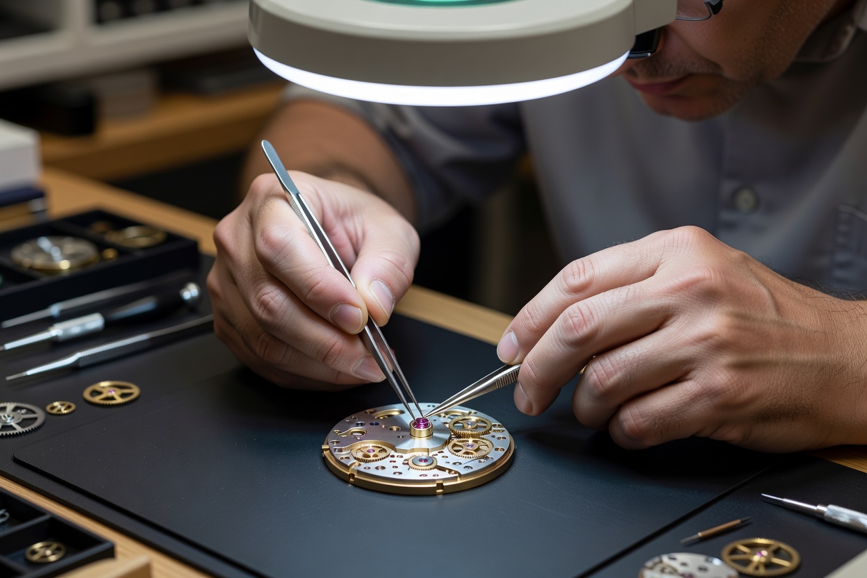 Horologist using fine tweezers to position a jewel assembly on a clean watch plate