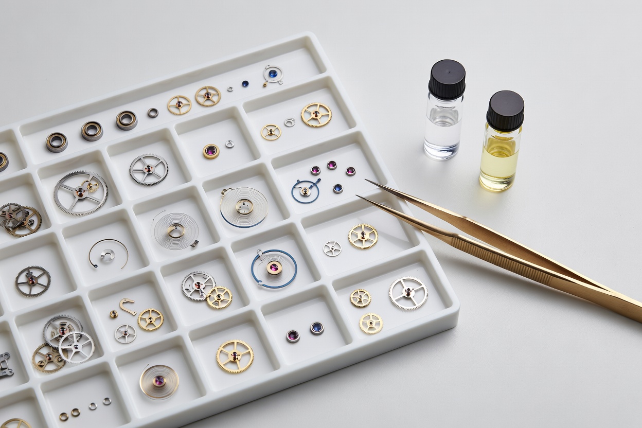 Horology watch parts laid out on a clean white parts tray alongside brass tweezers and oils