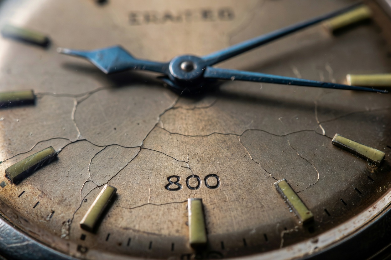 Macro detail of aged vintage watch dial showing patinated luminous indices and blued steel hands