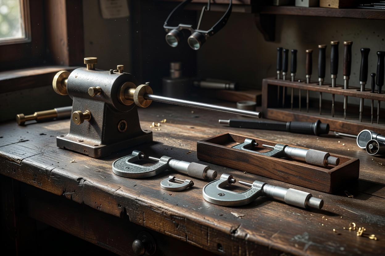Traditional watchmaking lathe and precision measurement micrometers on heavy timber bench