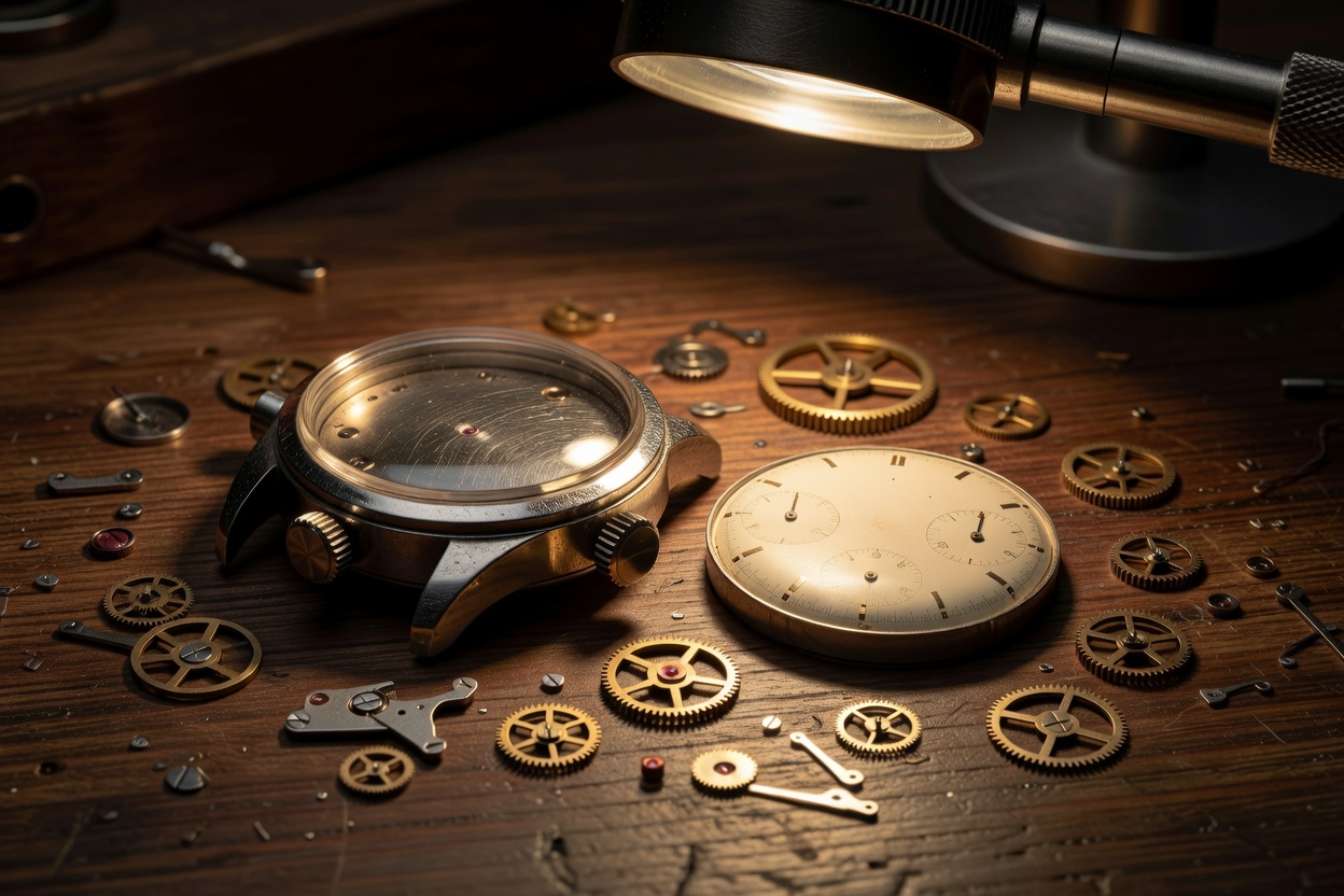 Vintage chronograph case and dial under warm workshop loupe illumination