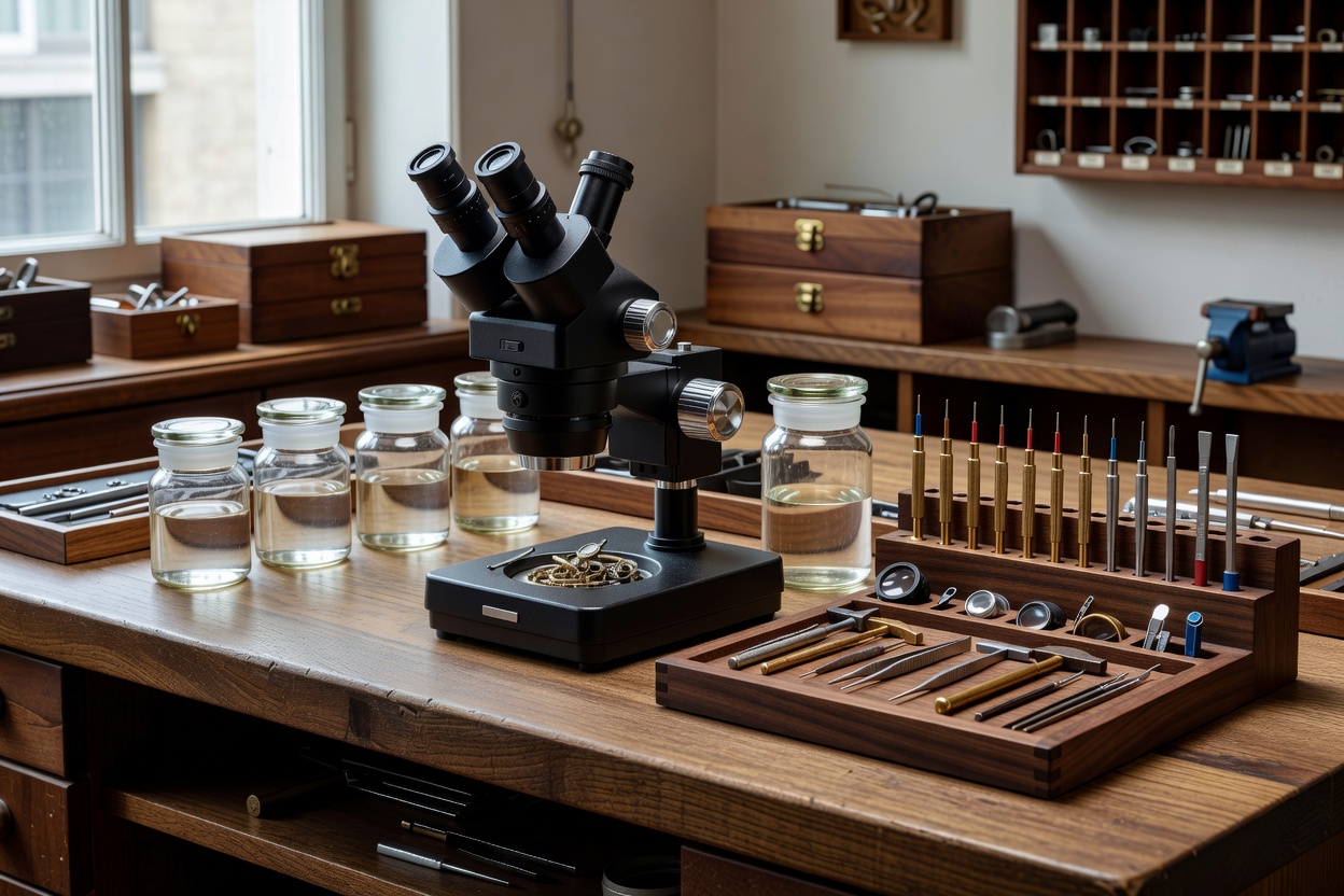 Well organized horology atelier bench with stereo microscope, cleaning jars, and precision hand tools