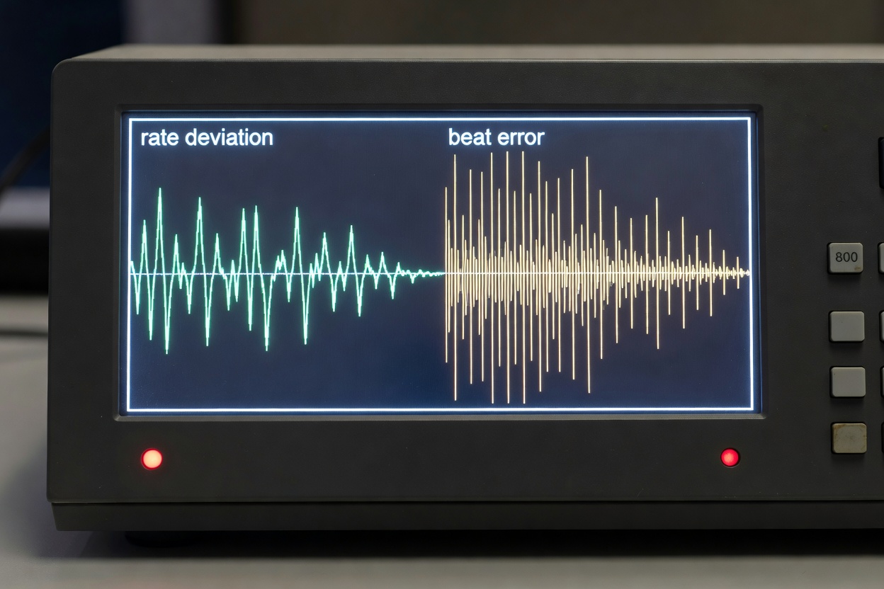 Witschi timing machine display showing rate deviations and beat error diagrams